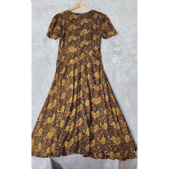 Free People Dress Womens 6 Small Olivia Midi Paisley Print Smocked Pleated Gold - Picture 11 of 11